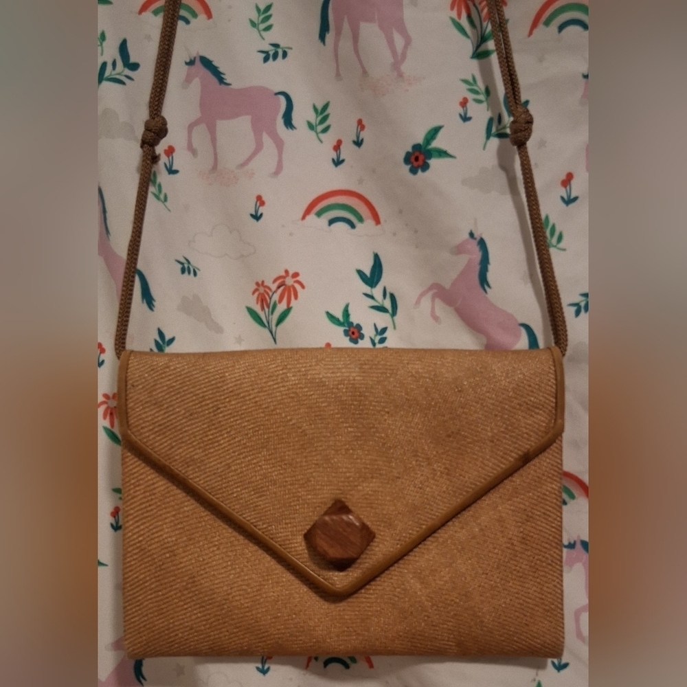EUC RARE Vintage 70s Christian Dior Boutique Tan Linen & Silk Envelope Purse Bag